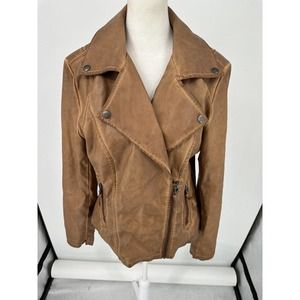 Max Studio Camel “Faux” Leather Moto Jacket with Notched Lapel
